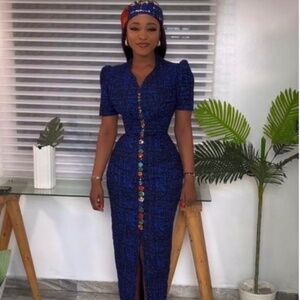 Blue Patterned Ankara Women’s Pencil Maxi Dres